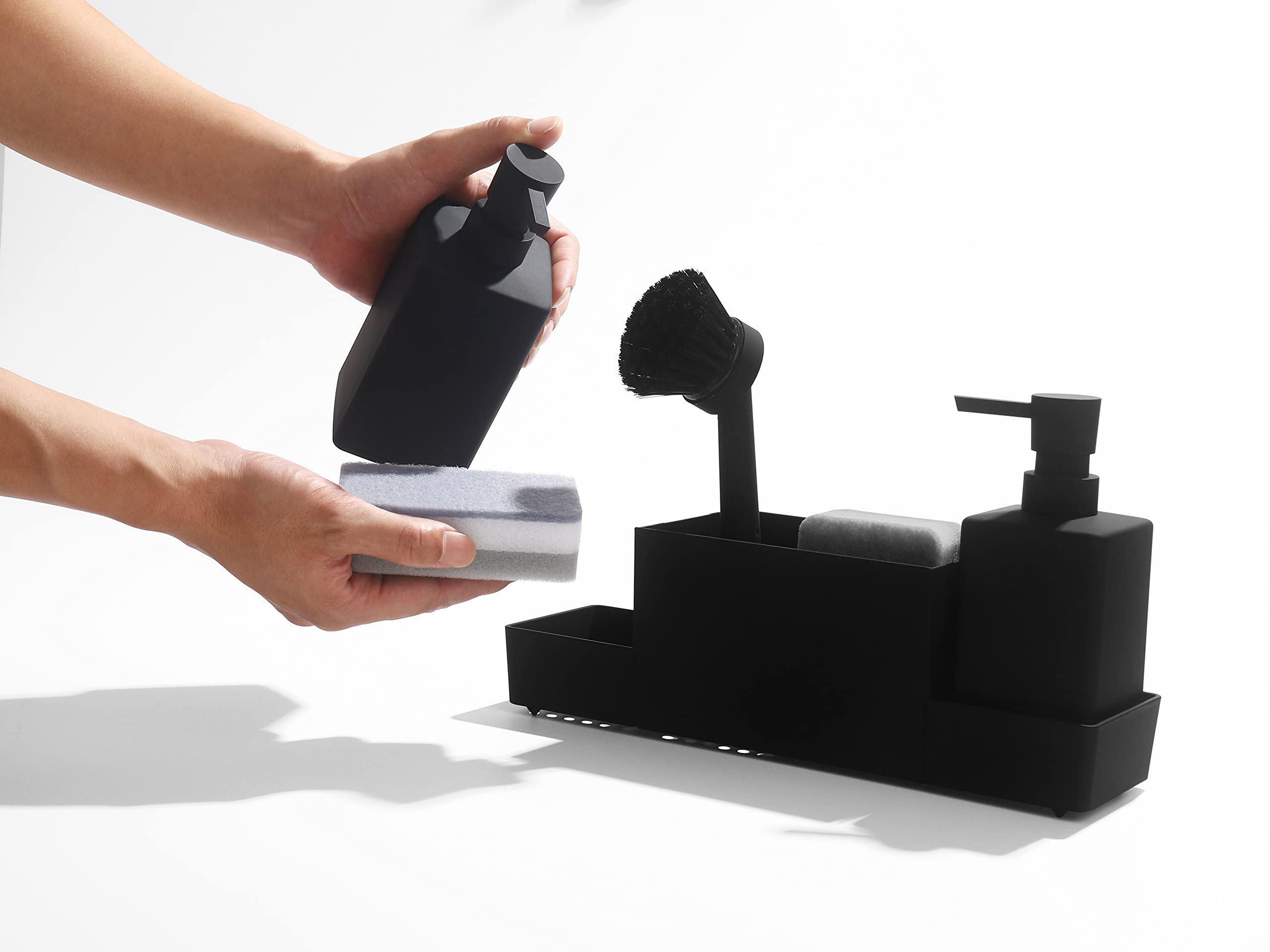 Kitchen Soap Dispenser With Sponge Holder Set For Sink Caddy, Hand Soap And Dish Soap Dispenser With Brush Matte Black